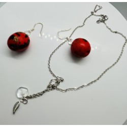 Set pandantiv și cercei realizați manual din lut polimeric, cu elemente din turmalină, cu lanț de 46 cm.