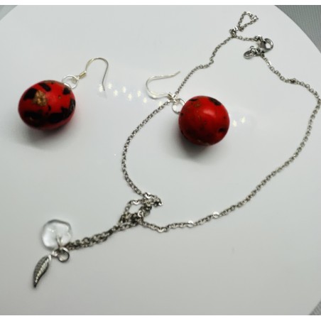 Set pandantiv și cercei realizați manual din lut polimeric, cu elemente din turmalină, cu lanț de 46 cm.